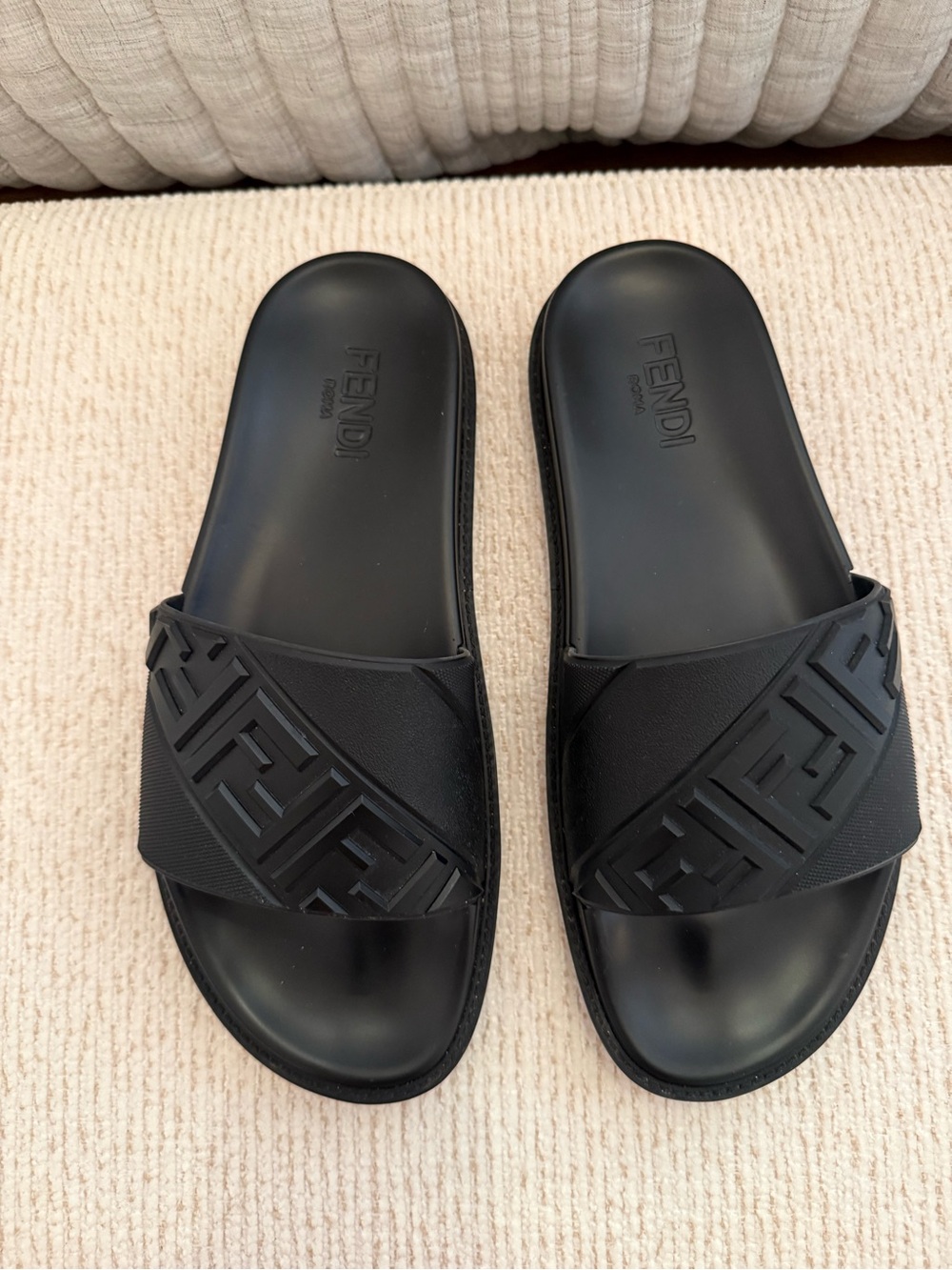 Fendi Black Men’s Embossed Zucca Slide Sandals